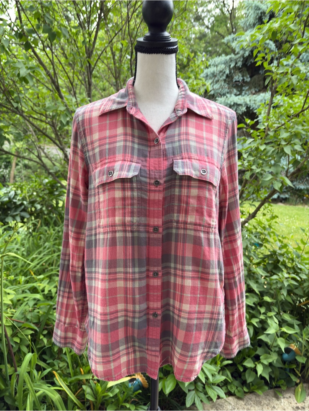 Chaps Pink and Gray Plaid Button-Down Shirt